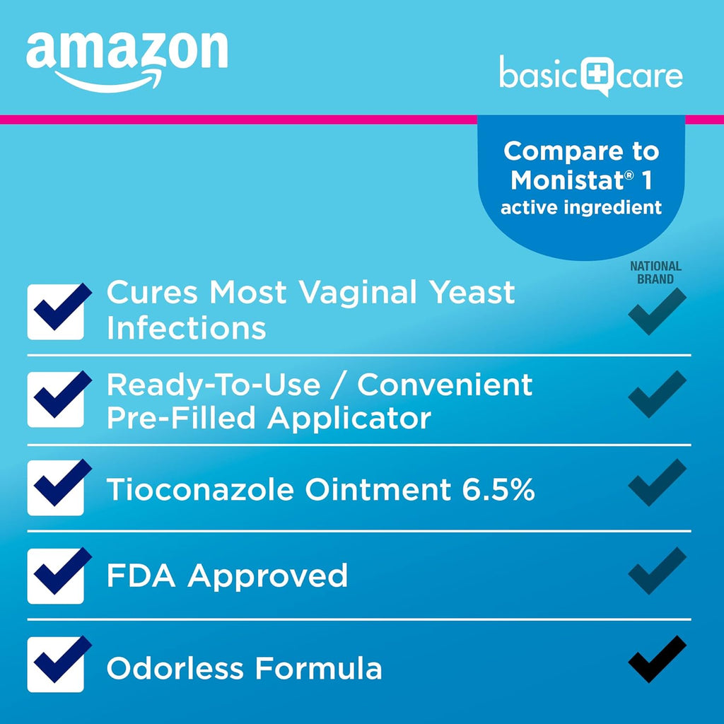 Amazon Basic Care Tioconazole Ointment 6.5 Percent, 1-Dose Yeast Infection Treatment For Women, Fast Acting Relief, Pre-Filled Applicator, Odorless Formula, 0.16 ounce (Pack of 1)