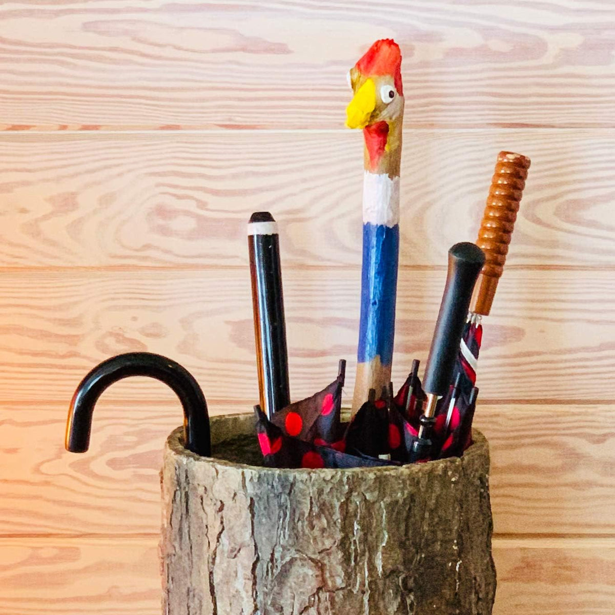 Country Stump ?? Vintage Farmhouse Umbrella Stand. Unique Indoor / Outdoor Walking Stick & Umbrella Holder. Rustic Home Entryway Log Bin.