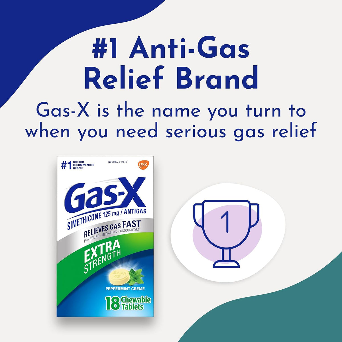 Gas-X Extra Strength Chewable Tablets, Gas Relief, Peppermint Crème, 18 Ct | Simethicone 125mg Extra Strength Chewable Tablets, Fast Gas and Bloating Relief, GLP-1 Support
