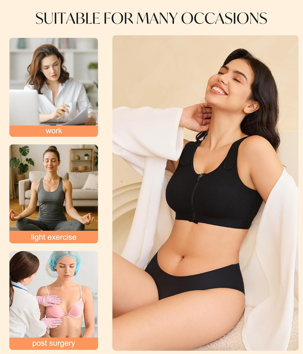 CYDREAM Zip Front Closure Wireless Bras for Women Full Coverage Post Surgery Compression Back Smoothing Comfort Adjustable