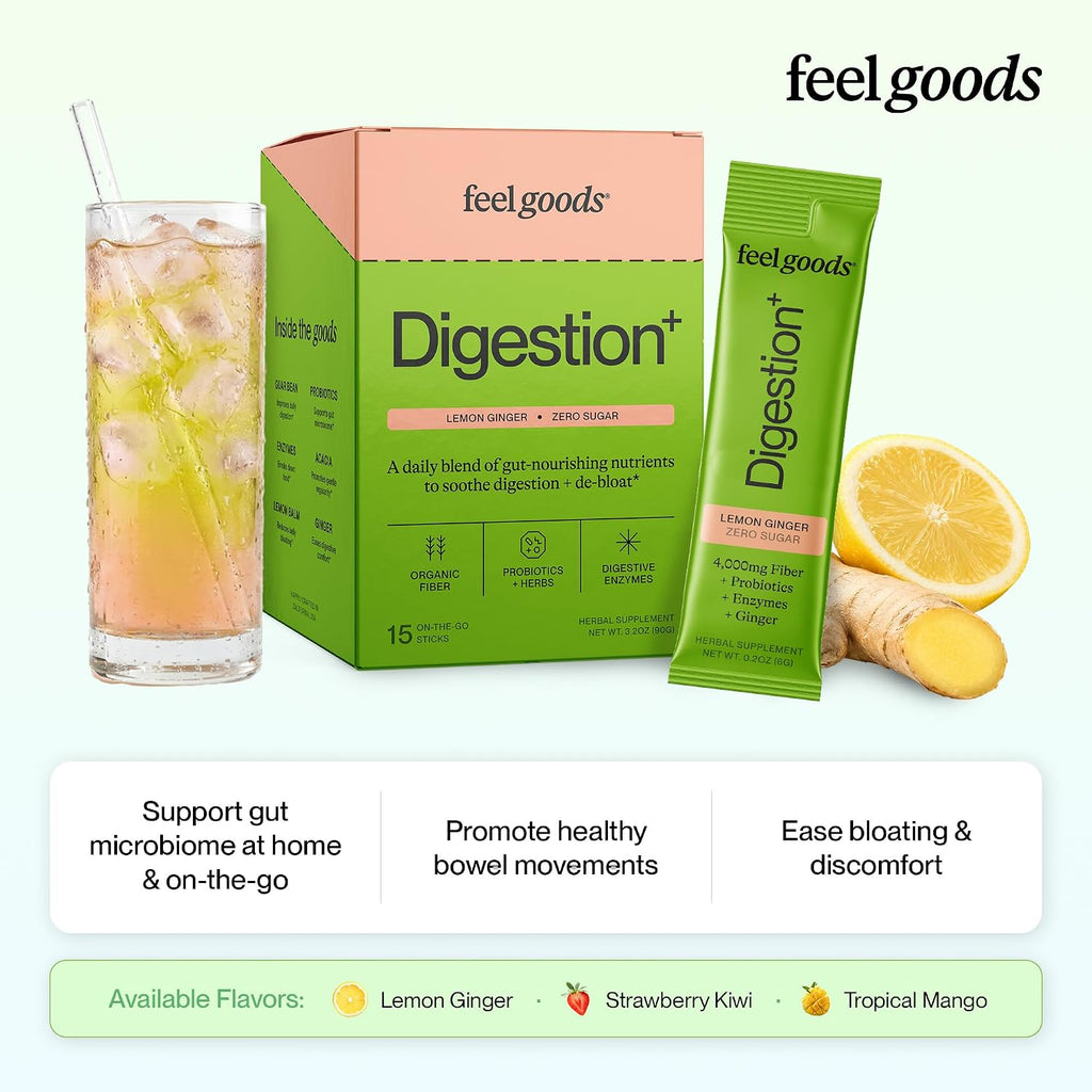 Feel Goods Digestion+ Gut Health Organic Fiber & Probiotic Powder Drink Mix | Digestive Enzymes, Digestion Plus, Bloating Relief, Gut Cleanse, Gut Guardian - Zero Sugar, 15 Stick Packets