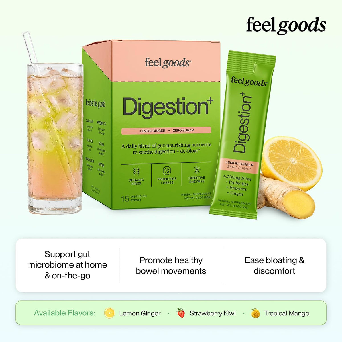 Feel Goods Digestion+ Gut Health Organic Fiber & Probiotic Powder Drink Mix | Digestive Enzymes, Digestion Plus, Bloating Relief, Gut Cleanse, Gut Guardian - Zero Sugar, 15 Stick Packets