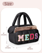 Fasrom Chenille Letter Medicine Bag, Pill Bottle Organizer for Travel Meds | Preppy Patch Design, Puffy Handle, Portable Storage for Medical Supplies & Toiletries, Makeup Case for Women