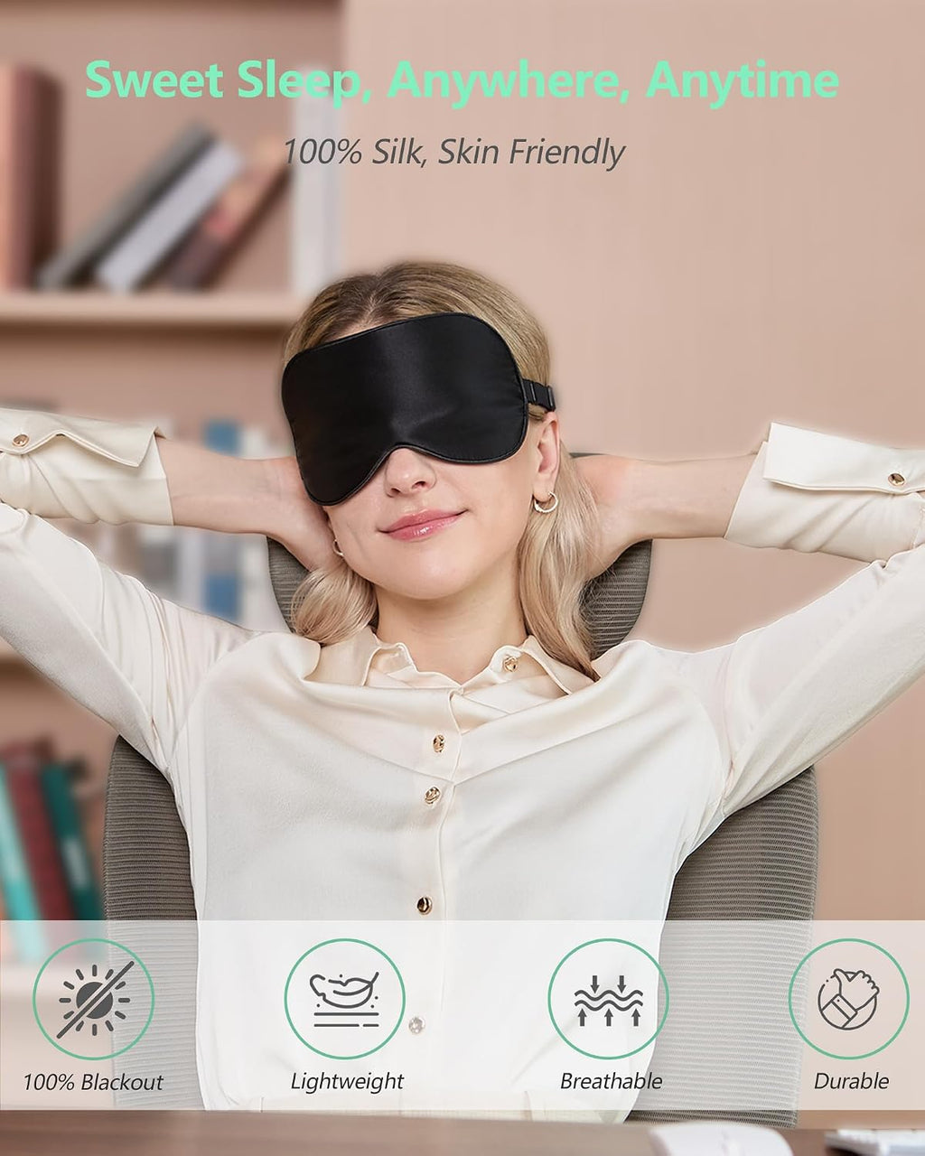BeeVines 100% Mulberry Silk Sleep Mask, Blackout Eye Masks(Black & Black) | Natural Pure Silk Eye Shade, Real Silk Eye Cover for Sleeping, with Adjustable Strap, Reduces Puffy Eyes, Traveling Gifts