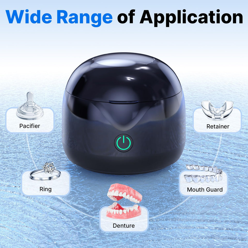 CXRUY Ultrasonic Retainer Cleaner - 45 kHz Dental Cleaning Pod Night Guard Cleaner Machine for Dentures, Toothbrush Heads, Jewelry (Gloss Black)
