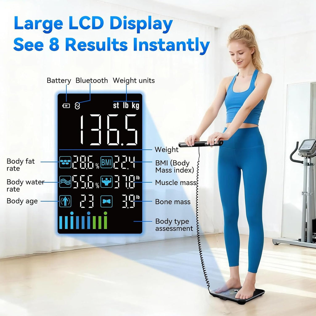 Lepulse Smart Scale for Body Weight, 8-Electrode Body Composition Scale | with BMI Body Fat Muscle Mass, Rechargeable Digital Body Scale with 20 Metrics in App, Large Color Display and Report, Black