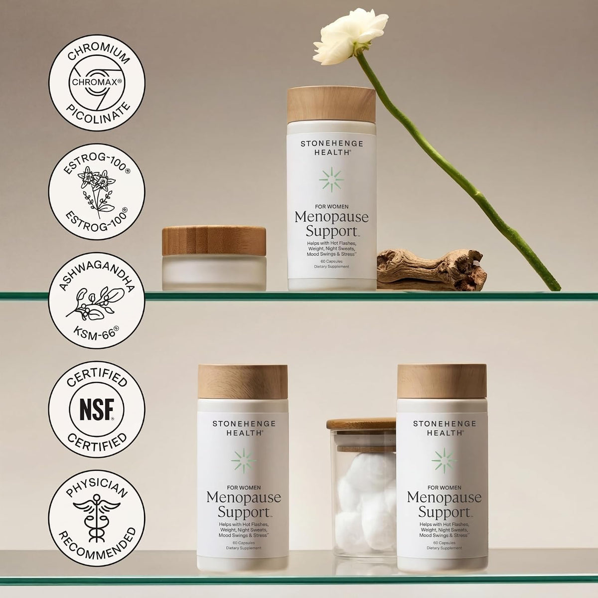 Stonehenge Health Menopause Support™ | Mood, Energy, Stress, Hot Flashes | Menopause Supplements for Women Perimenopause Hot Flashes Night Sweats Mood Sleep Stress KSM-66 Ashwagandha DIM Black Cohosh