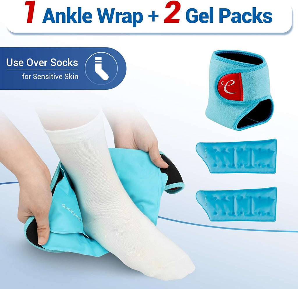 Comfytemp Ankle Ice Pack Wrap Brace for Swelling, Foot Pain Relief Reusable | FSA Eligible HSA, 2 Gel Ice Packs for Injuries Reusable, Hot Cold Compress for Plantar Fasciitis Relief, Achilles Tendonitis,