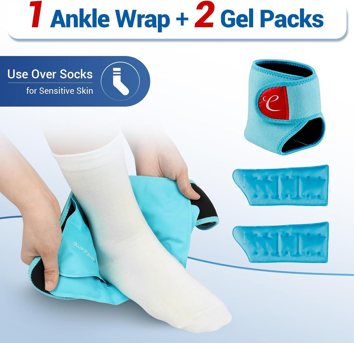 Comfytemp Ankle Ice Pack Wrap Brace for Swelling, Foot Pain Relief Reusable | FSA Eligible HSA, 2 Gel Ice Packs for Injuries Reusable, Hot Cold Compress for Plantar Fasciitis Relief, Achilles Tendonitis,