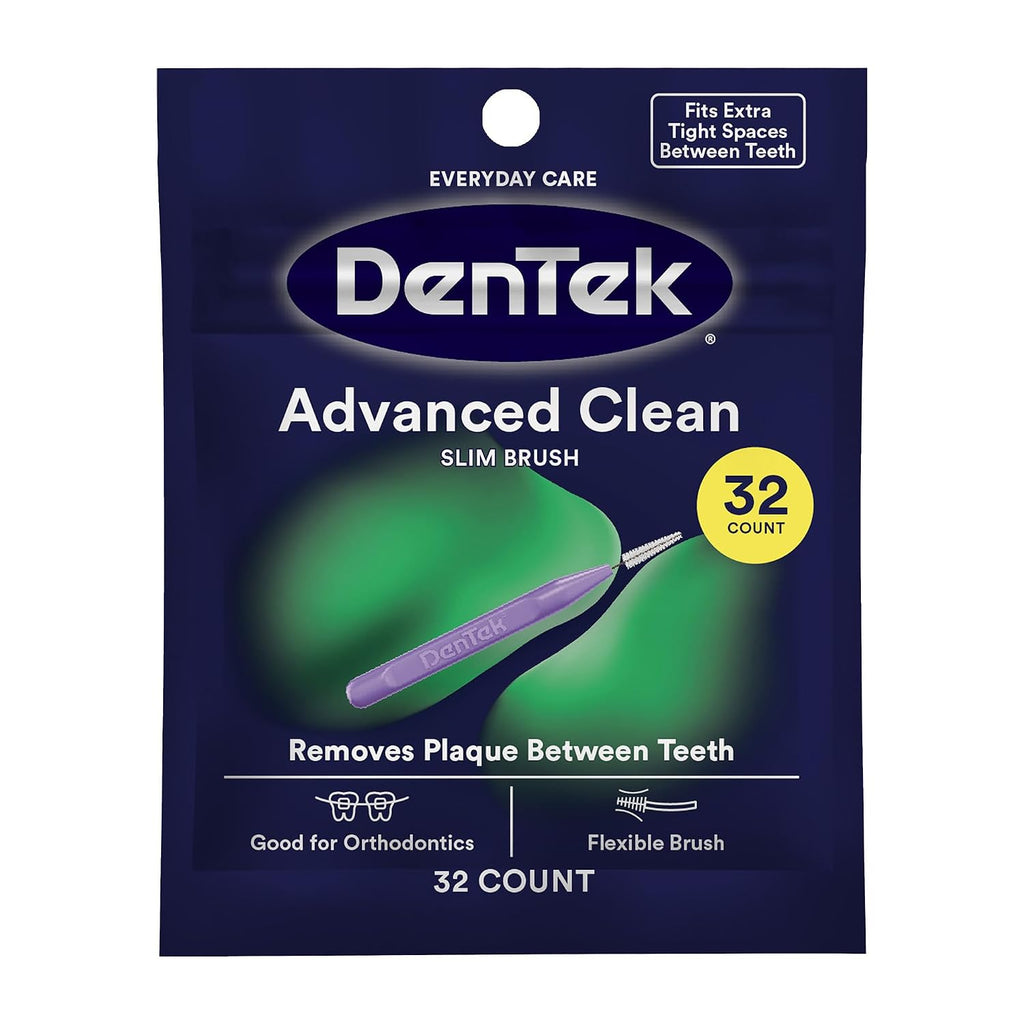 DenTek Interdental Brushes, Advanced Clean Slim Brush, 32 Count | Mint Flavor, Fits Extra Tight Spaces Between Teeth, Removes Plaque, Good for Orthodontics, Flexible Brush