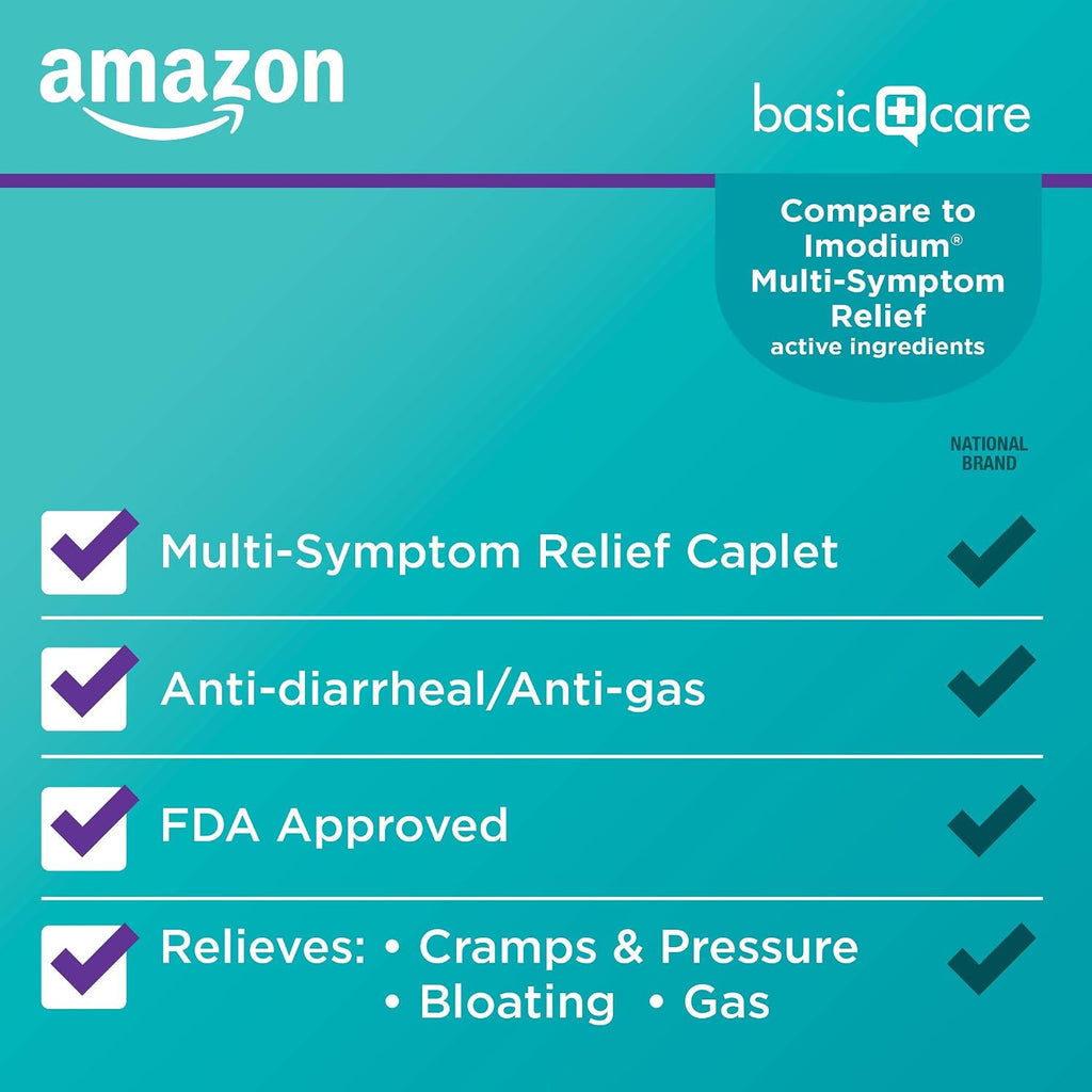 Amazon Basic Care Loperamide Hydrochloride 2 mg and Simethicone 125 mg Tablets, Multi-Symptom Relief, Anti-Diarrheal, Bloating and Cramps, Gas Relief, 24 Count