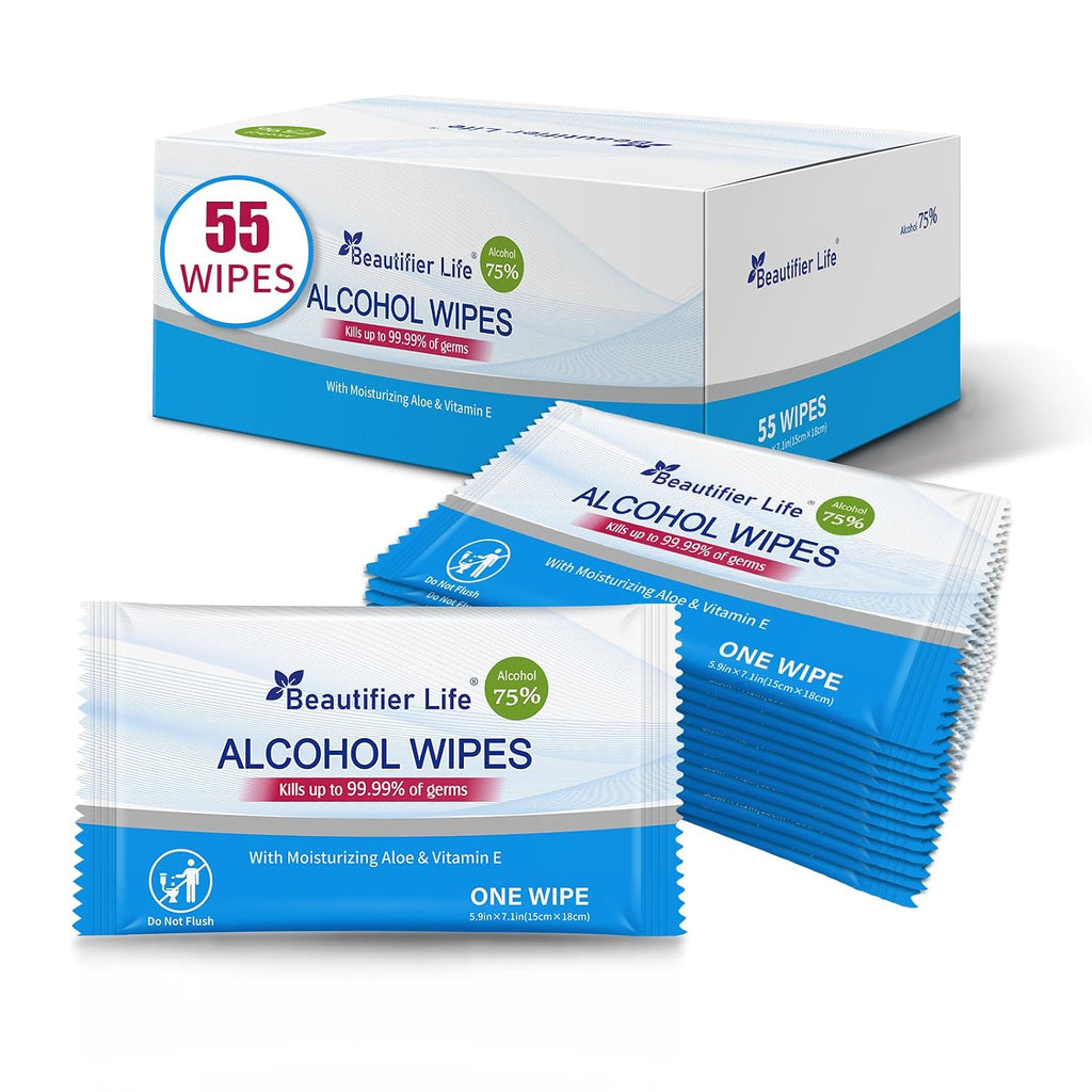 Beautifier Life All - Purpose Travel Wipes, 55 Individually Wrapped 75% Alcohol Antibacterial Hand Sanitizing Wipes with Aloe Moisturizer & Vitamin E for for On-the-Go Use, Restaurant, Home Office