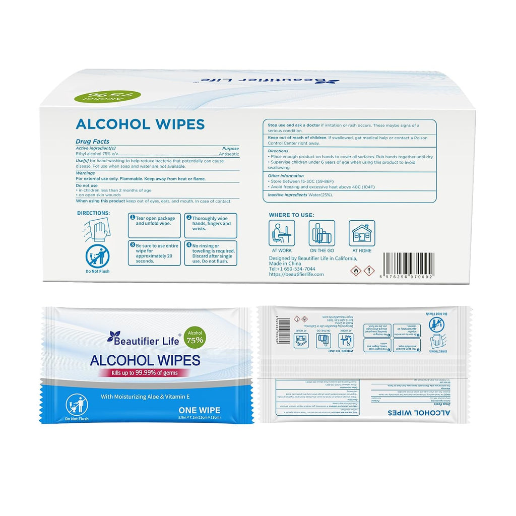 Beautifier Life All - Purpose Travel Wipes, 55 Individually Wrapped 75% Alcohol Antibacterial Hand Sanitizing Wipes with Aloe Moisturizer & Vitamin E for for On-the-Go Use, Restaurant, Home Office