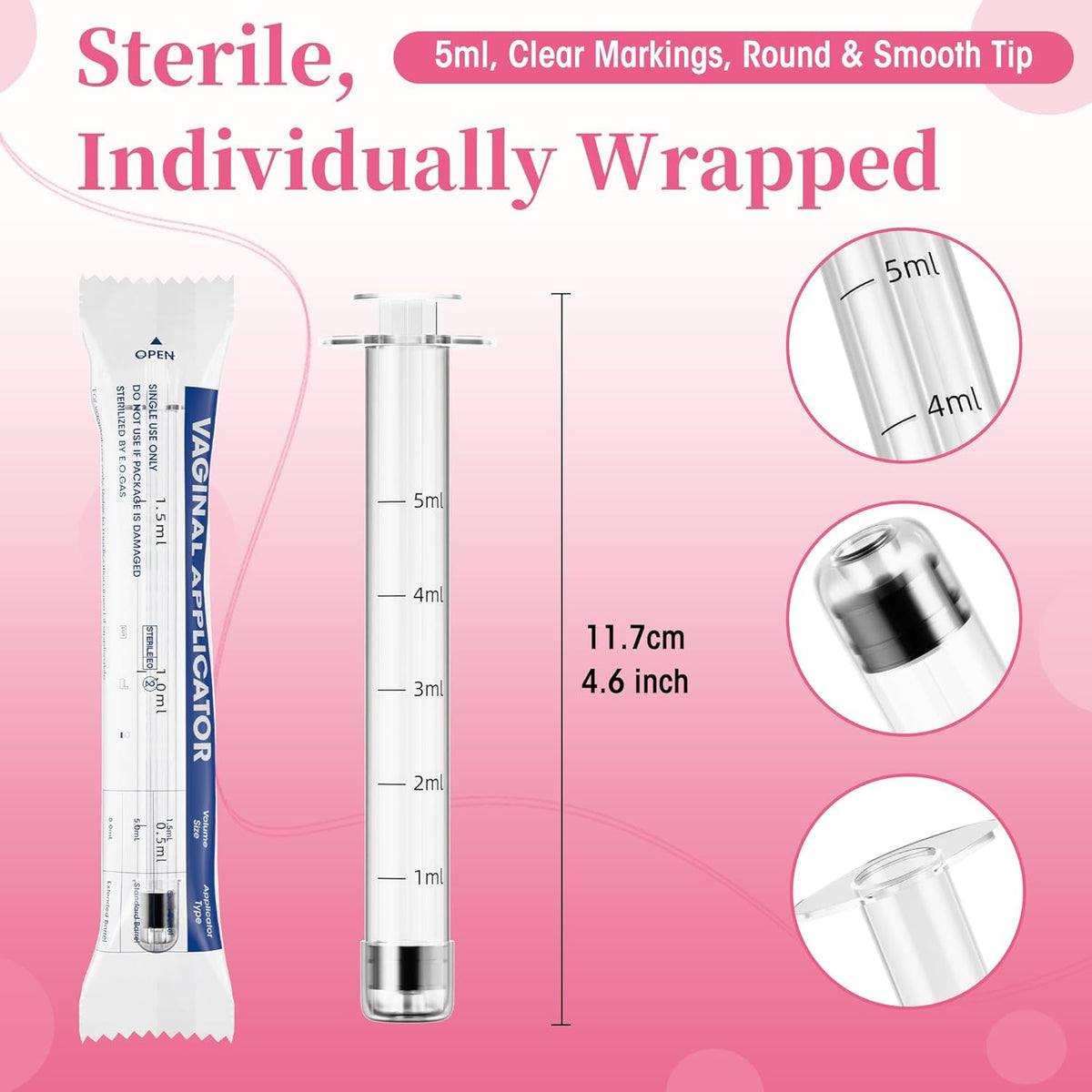 Disposable Vaginal Cream Applicators – 5ml Lube Injector Syringes with Smooth Tip, Dosage Markings, Fits Most Lubricants Creams Gels, Sterilized Individually Wrapped, Pack of 20