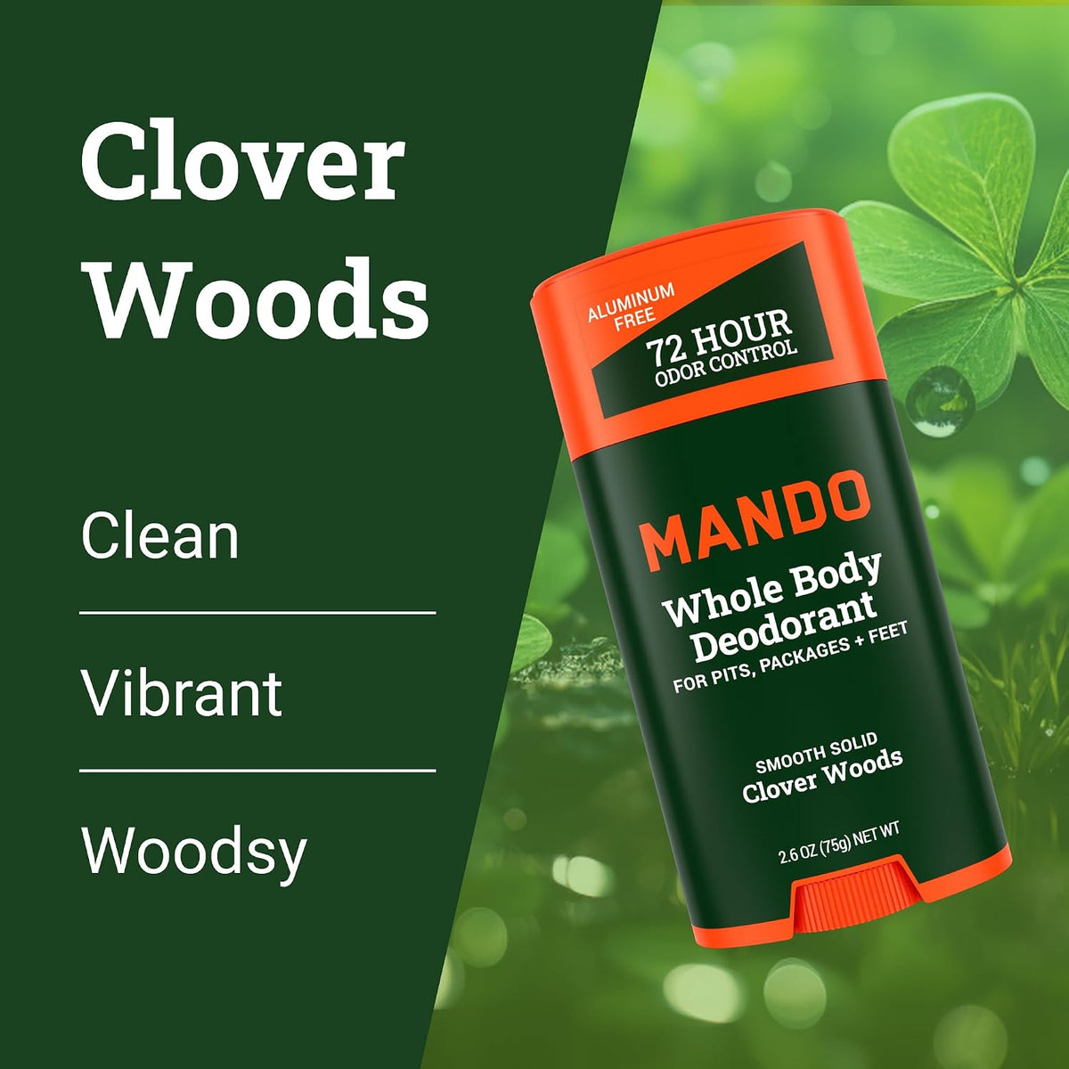 Mando Whole Body Deodorant For Men - Solid Stick - 2.6 oz, 2 pk - Woods | 72 Hour Odor Control with Mandelic Acid. Use on underarms, chest, feet & below the best. Aluminum Free & Baking Soda Free