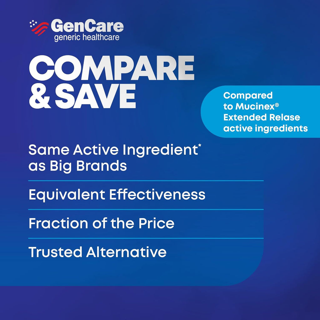 GenCare Mucus Relief Guaifenesin 600mg Extended-Release, 100 Ct | Compares to Mucinex; 12-hour expectorant relief for chest congestion & cough, thins and loosens mucus fast