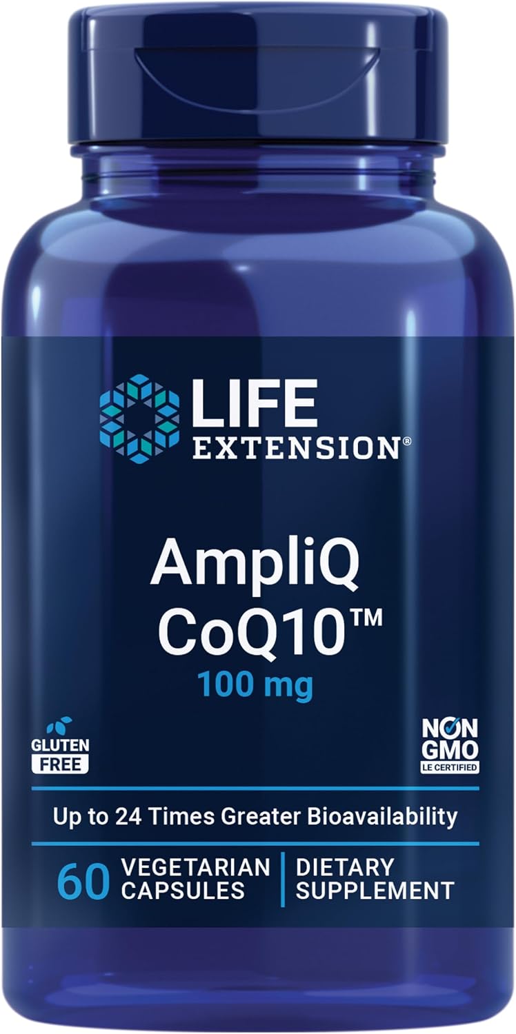 Life Extension AmpliQ CoQ10, Heart Health, Kidney and Liver Health, ubiquinone 100 mg, Advanced Formula, Gluten Free, Non-GMO, Vegetarian, 60 Capsules