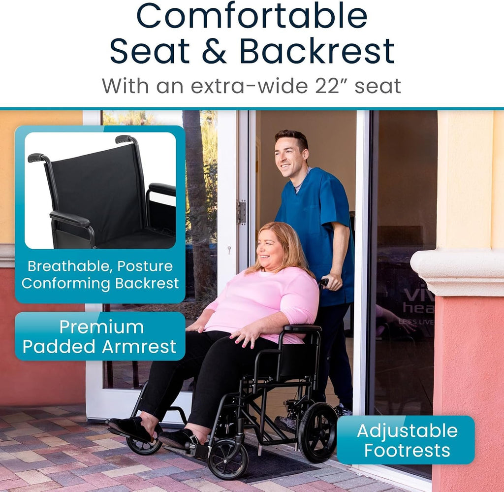 Vive Mobility Bariatric Transport Wheelchair for Adults - Supports 450lbs | Foldable, Heavy Duty Travel Wheel Chair - Portable, Transfer Aid with Swing Away Footrests & 22 Inch Wide Seat