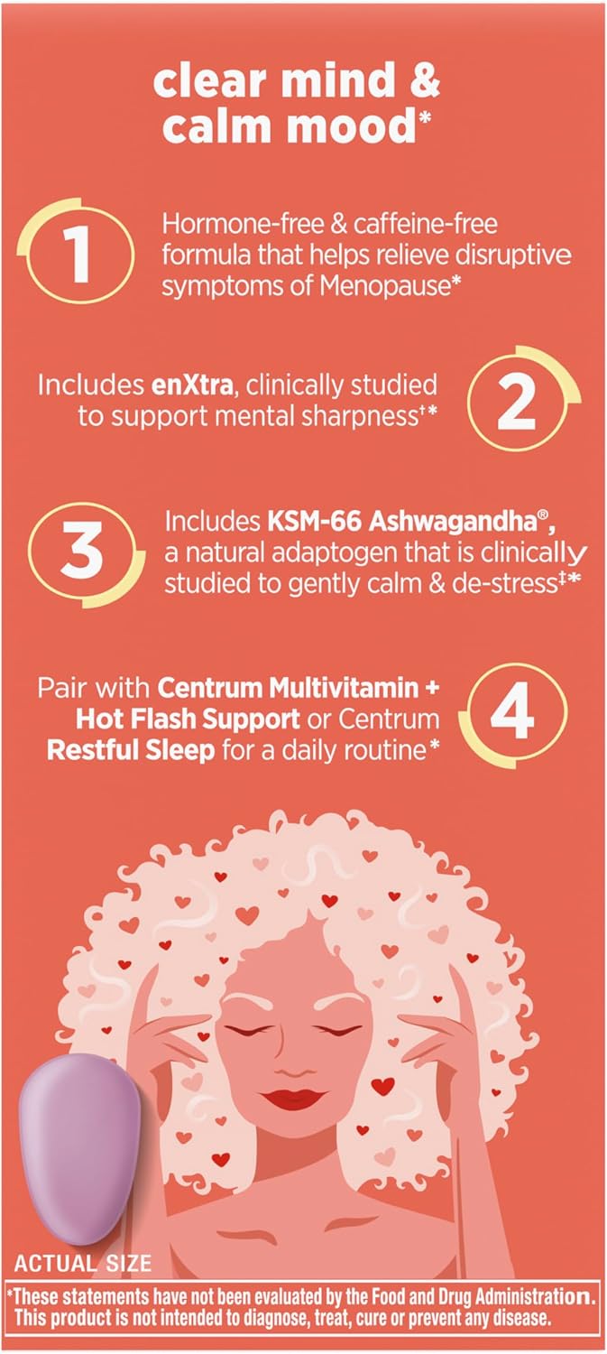 Centrum Clear Mind and Calm Mood Menopause Support Tablets, 30 Count | Powered by Clinically Studied Ingredients to Help Support Relief From the Disruptive Symptoms of Menopause, GLP-1 Support