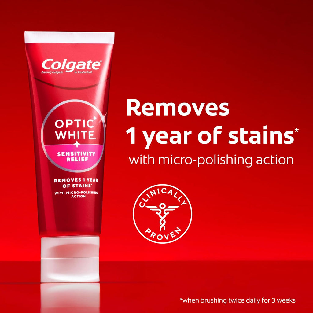 Colgate Optic White Sensitivity Relief Whitening Toothpaste, 3 Pack, 3.8oz | Teeth Whitening Toothpaste for Sensitive Teeth, Helps Remove 1 Year of Stains, Enamel Safe, Fluoride Formulated, Mint Flavor
