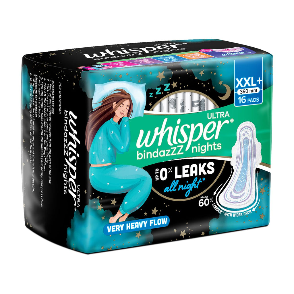 Whisper Bindazzz Nights 16 XXL+ Sanitary Pads, Upto 0% Leaks All Night Long, For Very Heavy Flow, Nearly 60% Longer with Wider Back, Active odor lock so you feel fresh, Disposable Wrapper
