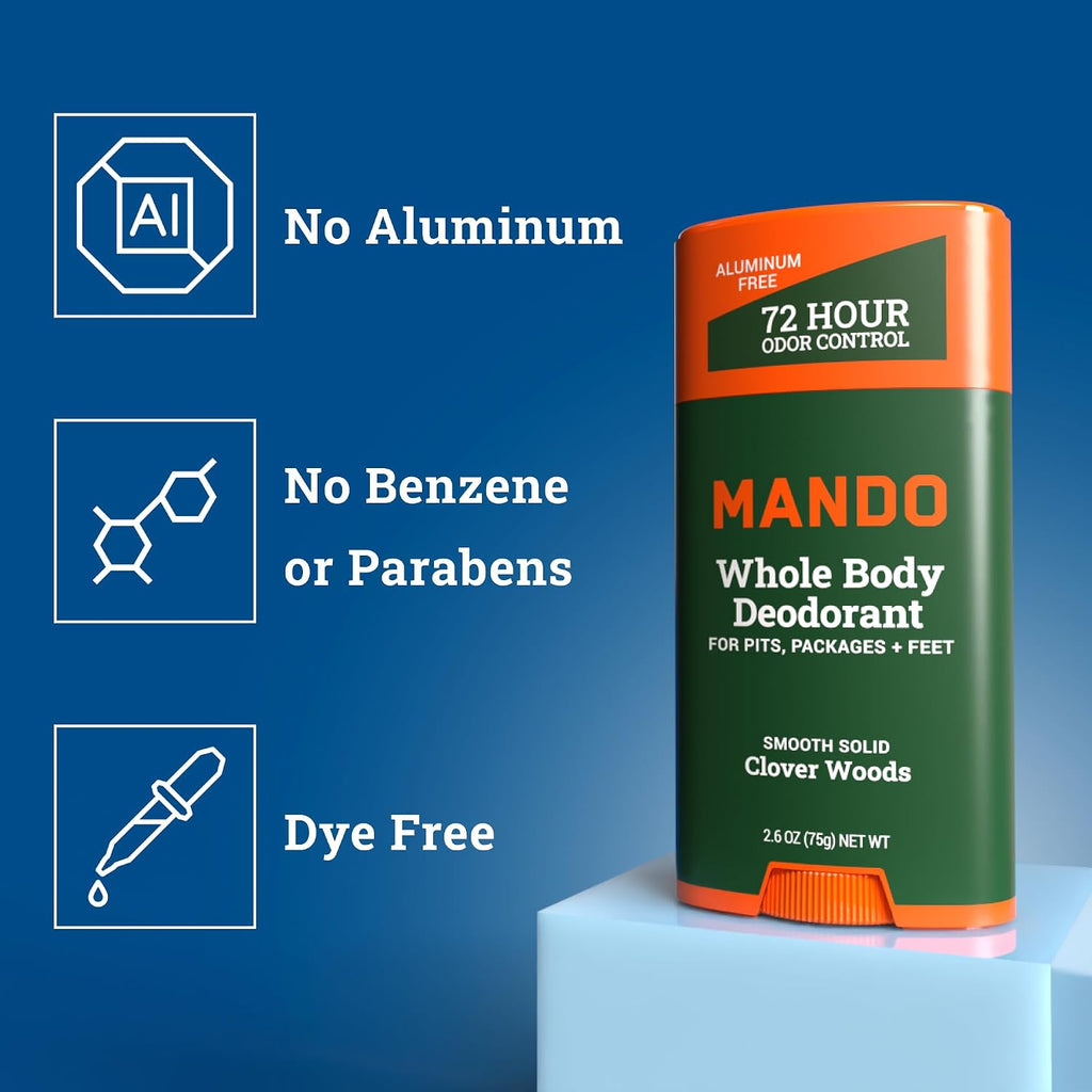 Mando Whole Body Deodorant For Men - Solid Stick - 2.6 oz, 2 pk - Woods | 72 Hour Odor Control with Mandelic Acid. Use on underarms, chest, feet & below the best. Aluminum Free & Baking Soda Free