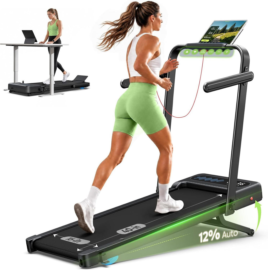 WELLFIT 12% Auto Incline Walking Pad with Handle Bar, Under Desk Treadmill | 40''x16'' Wide Belt, 375lbs+ Capacity, Quiet Motor, Voice Control, Space Saving, Foldable Treadmills for Home Small & Seniors