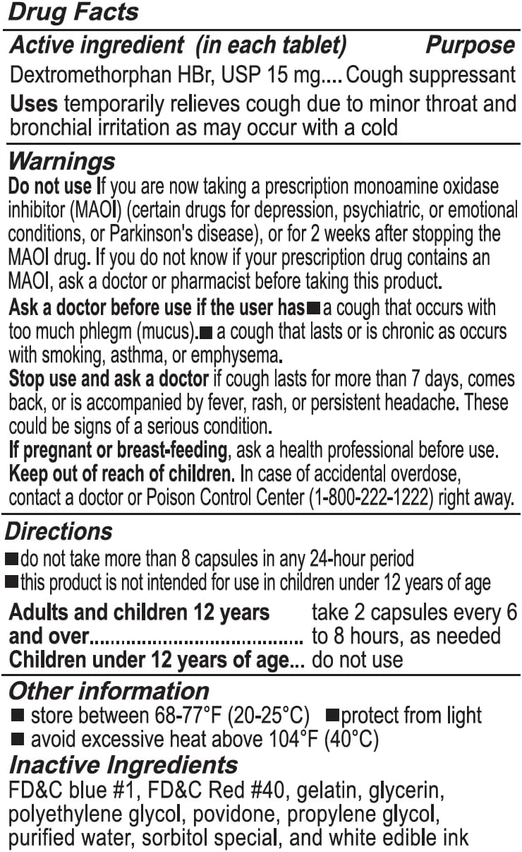 RXZELL Adult Cough Relief, Dextromethorphan HBr 15mg (100 Softgels), 8 Hour Long Lasting, Non-Drowsy, Cough/Bronchial Suppressant