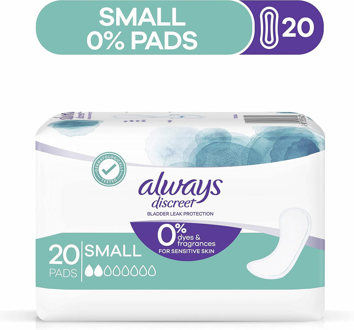 Always Discreet Incontinence Pads for Sensitive Skin, 0% Dyes & Fragrances, Small, 20 Pack