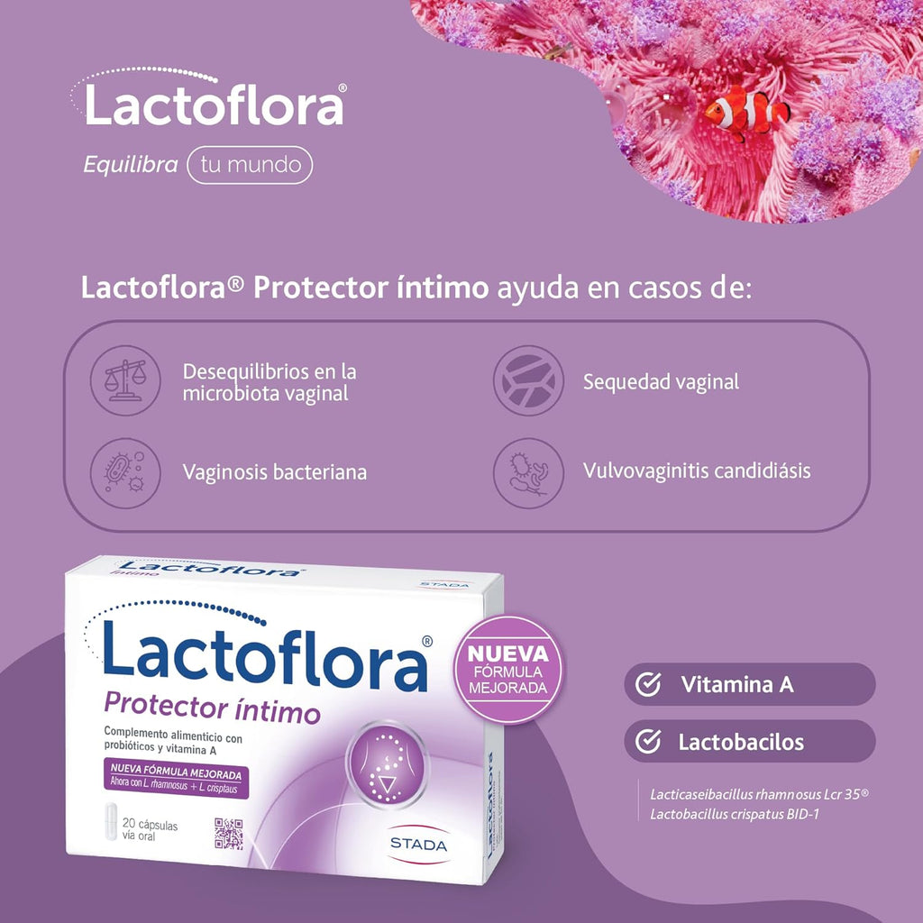 Lactoflora, Women's Intimate Protector, Probiotics and Vitamin A, Vaginal Flora Balance and Wellness, Immune Support, 20 Capsules