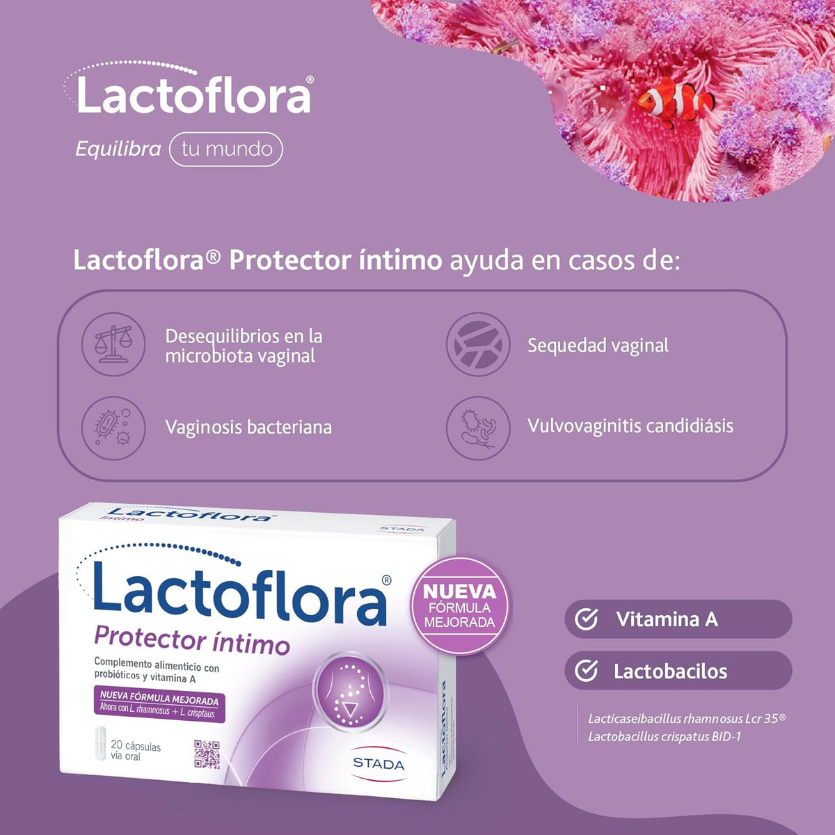 Lactoflora, Women's Intimate Protector, Probiotics and Vitamin A, Vaginal Flora Balance and Wellness, Immune Support, 20 Capsules