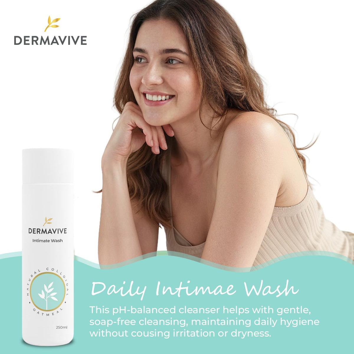 Dermavive Intimate Wash, Gentle Feminine Cleanser for Women, Soap-Free pH-Balanced Hygiene Wash, Dermatologist Tested, Odor Control, Daily Use, 250ml (8.45 fl oz)