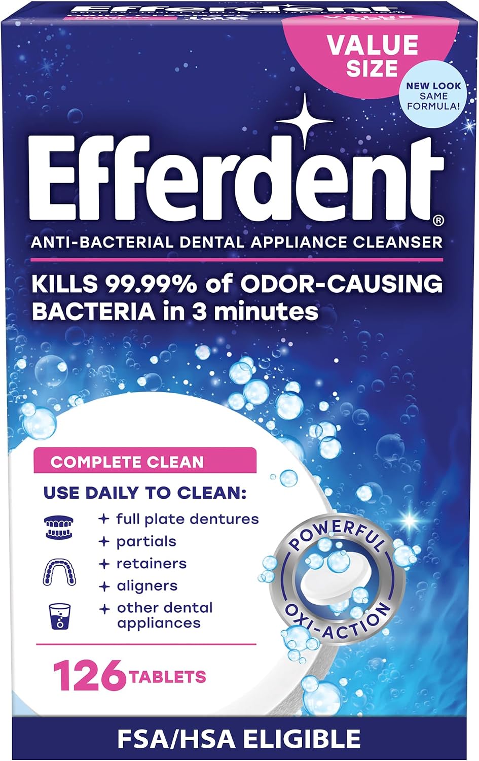 Efferdent Denture Cleaner Tablets, Complete Clean, 126 Count | Retainer Cleaner, Use Daily To Clean Dental Appliances, Full Plate Dentures, Aligners & Mouth Guards
