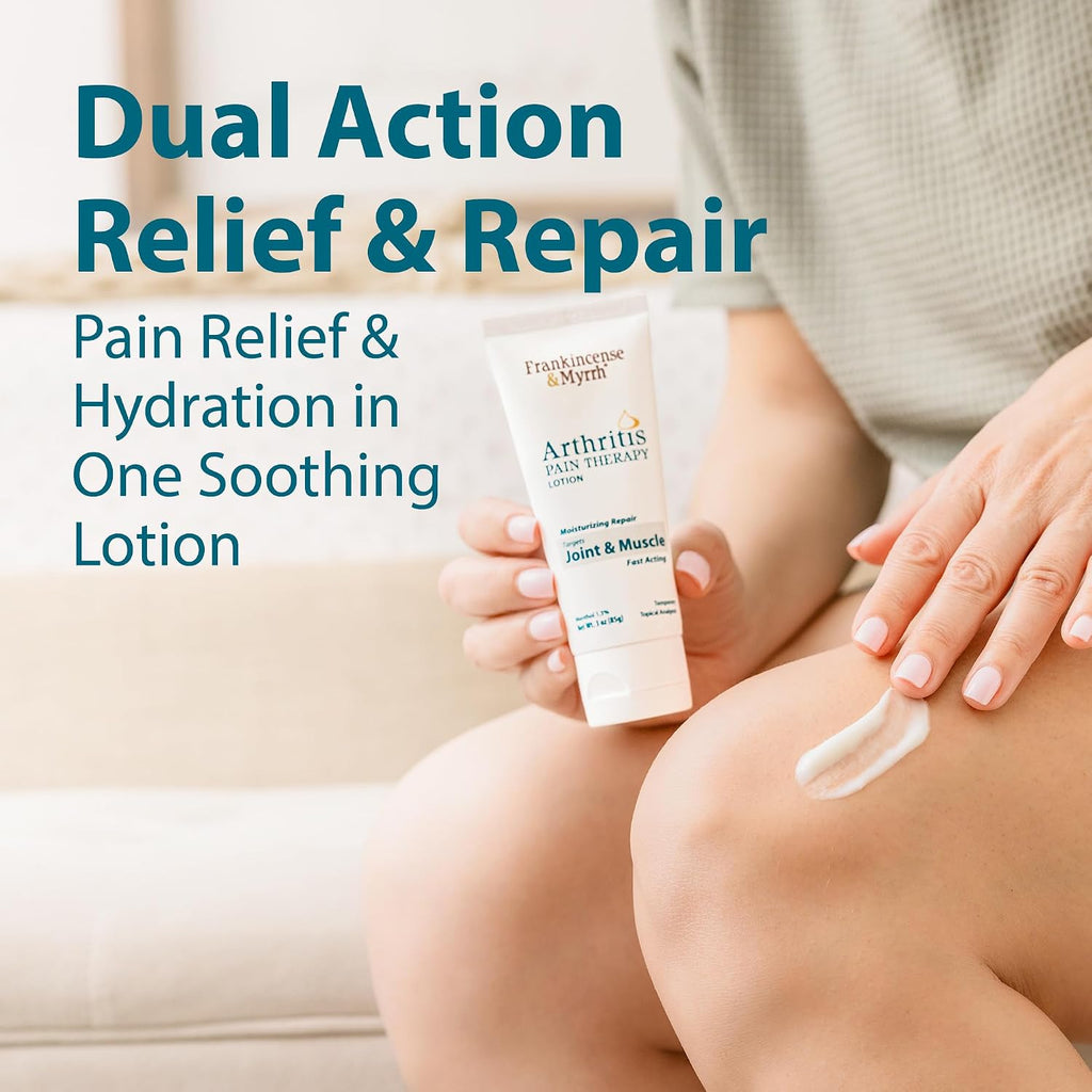 Frankincense & Myrrh Arthritis Pain Therapy Lotion, Joint & Back Relief 3oz | Deep penetrating relief. Menthol + 9 essential oils soothe sore joints, muscles, tendons & back pain. Fast Acting. Try today.