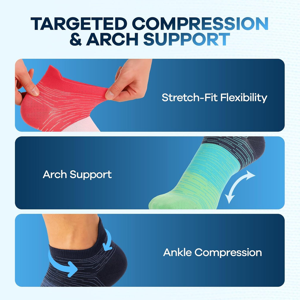 Ankle Compression Socks for Men and Women, 6 Pairs Low Cut Running Athletic Socks for Flying Travel Nurses Pregnancy