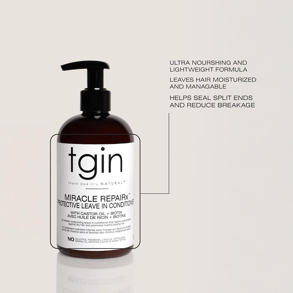tgin Protective Leave In Conditioner – Restores Moisture & Shine – 13 oz | Miracle RepaiRx Leave In Conditioner For Curly Hair with Black Castor Oil & Biotin for Growth – Reduces Breakage & Split Ends