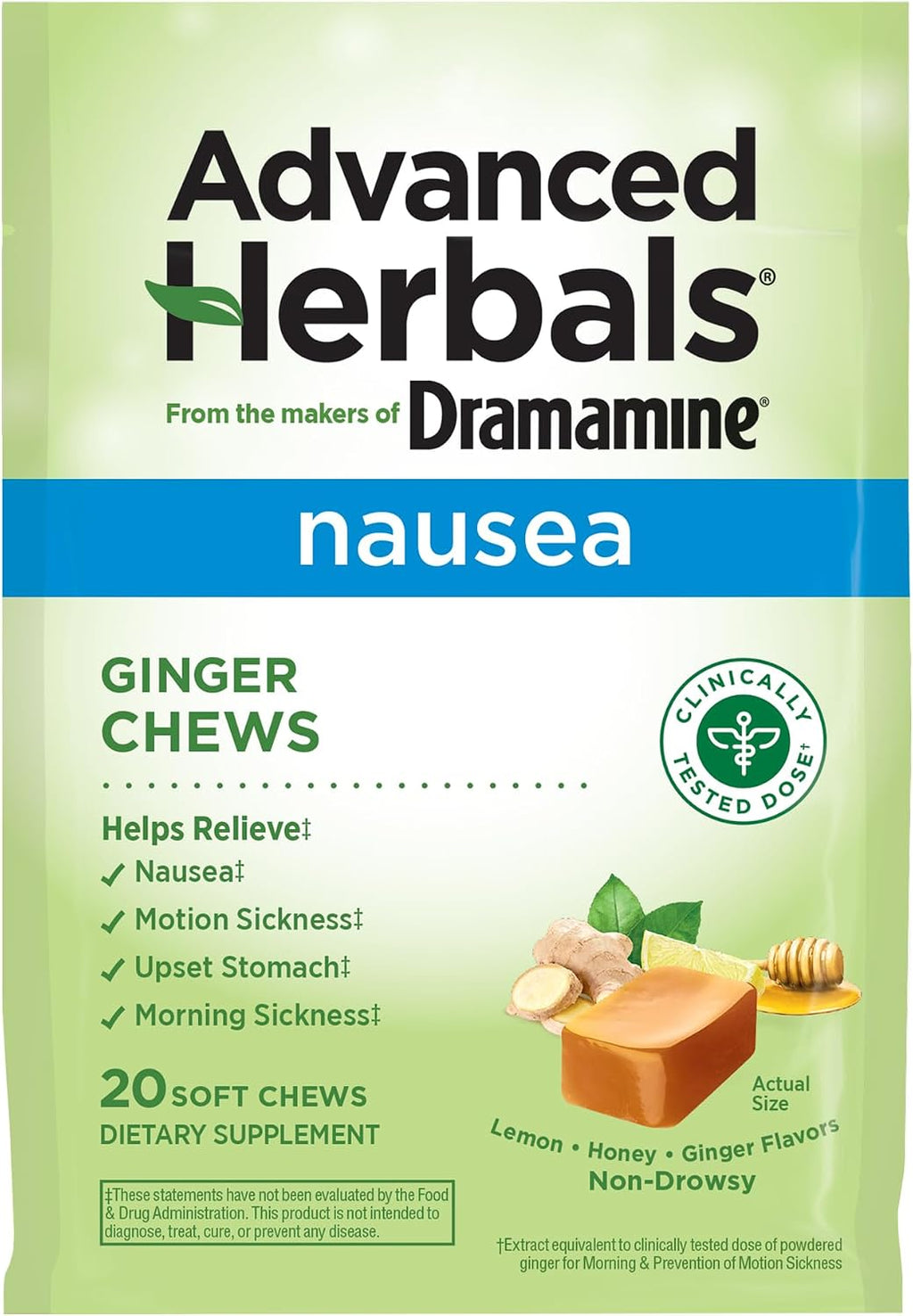 Dramamine Advanced Herbals Ginger Chews, Nausea Relief, Lemon-Honey, 20ct | From the Makers of Dramamine, Non-Drowsy, Morning Sickness Relief & Motion Sickness Relief During Travel, Soft Chews