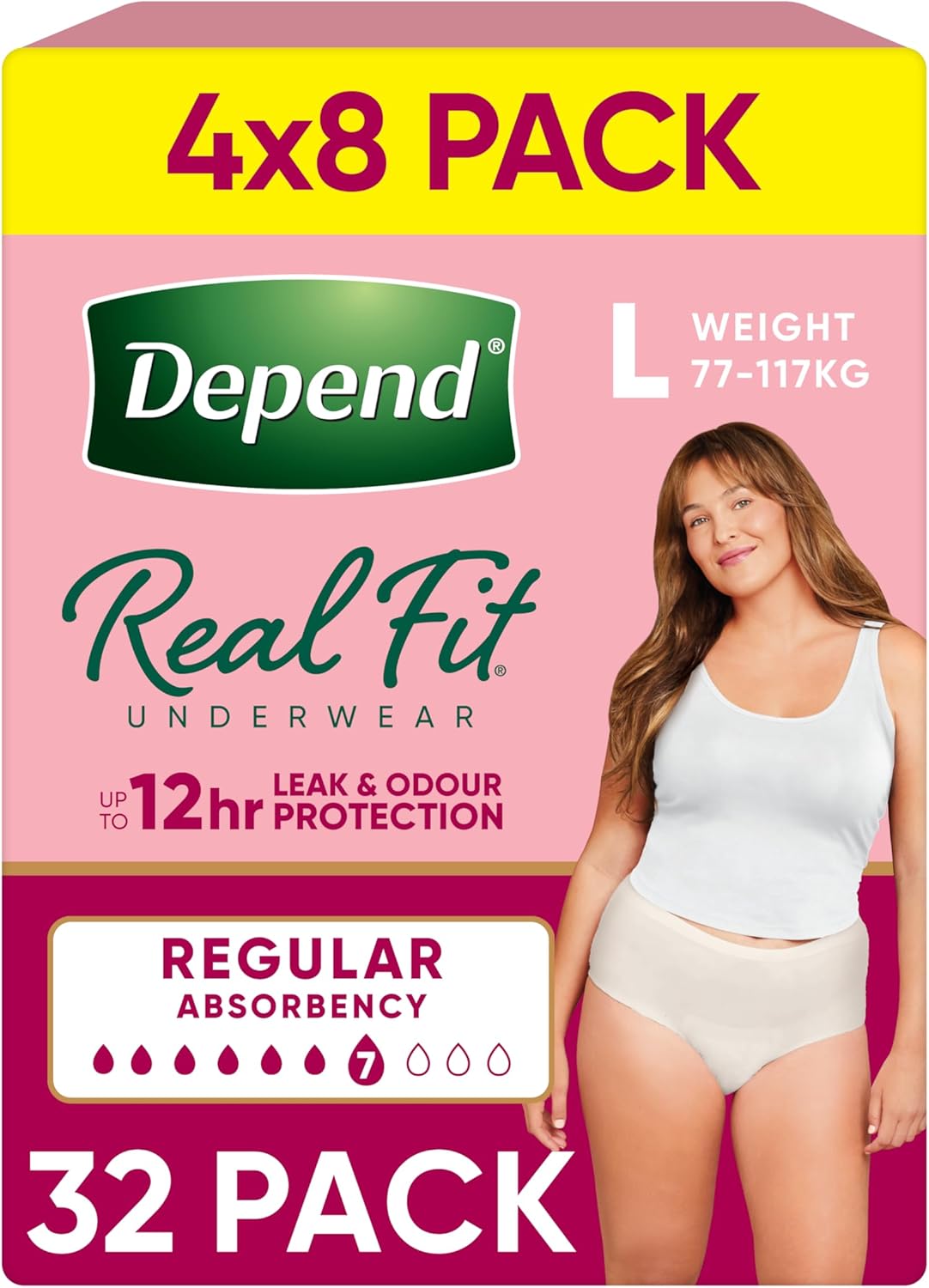 Depend Real Fit Incontinence Underwear Regular Women Large 32 Count (4 x 8 Pack) - Packaging May Vary