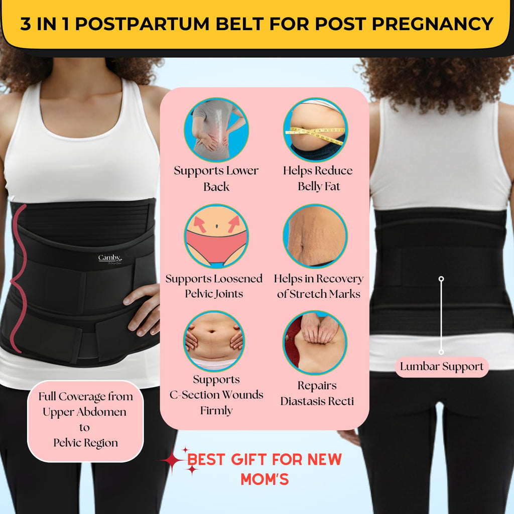 Camby 3 in 1 Postpartum belt after delivery for Post pregnancy Recovery | After Normal/C-section delivery | Maternity Abdominal Binder | Postnatal shapewear (Free Size) (Black)