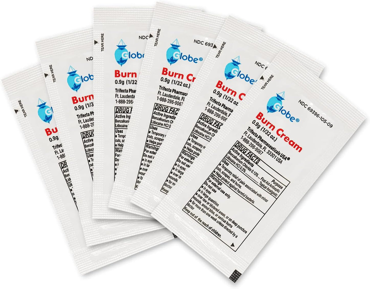 Globe First Aid Burn Cream, Aloe Formula, 0.9 g, Box of 144 | Burn Care Cream, Single Use Packets, Unscented Formula, Portable Supply, First Aid Kit Essential