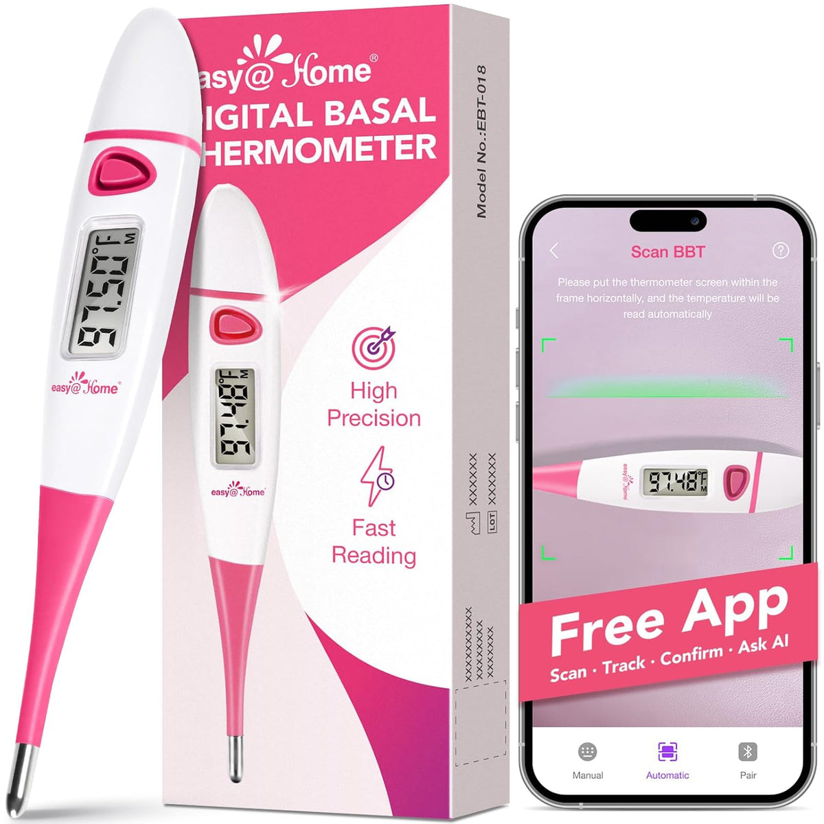 easy@Home Digital Basal Body Thermometer for Adults - Ovulation BBT | Precise 1/100th Degree Tracking. Flexible Waterproof Tip & Memory Recall. Auto Scan with Premom App