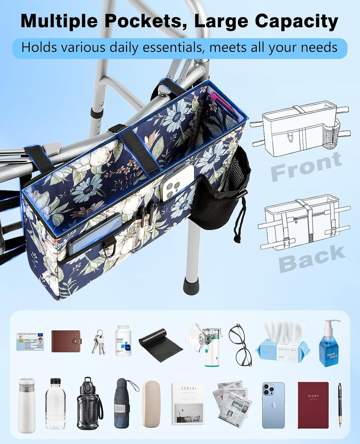 Rhino Valley Walker Bags for Folding Walker Accessories for Seniors,Cosmos | Secure Fit Walker Basket with Cup Holder, Large Capacity Foldable Detachable Folding Walker Pouch Organizer for Elderly Gifts