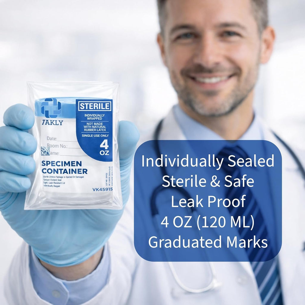 Vakly Sterile Specimen Cups 4 oz, Urine Collection Cups 3 Count | Individually bagged sterile cups with screw-on lids for urine collection, specimen testing, and secure sample handling