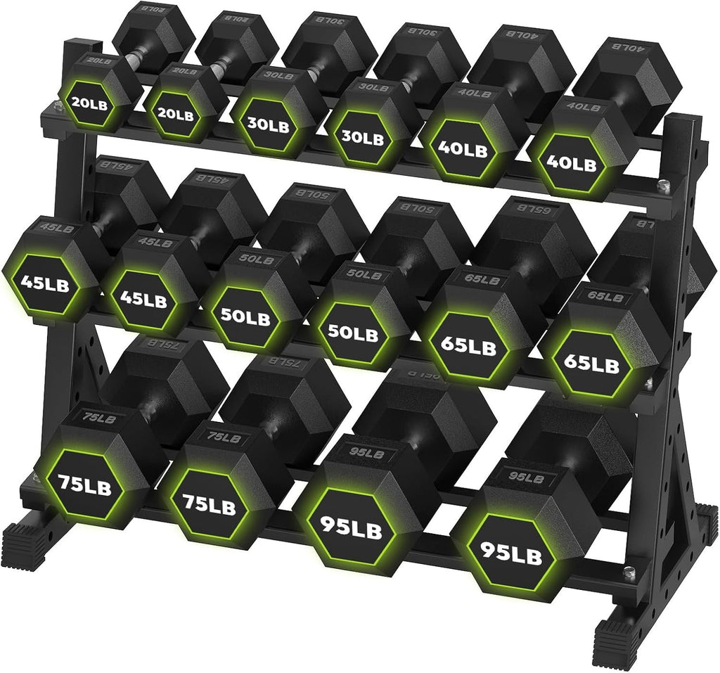 HANDBODE Rubber Coated Hex Dumbbell Set with Rack, 300-840 lb