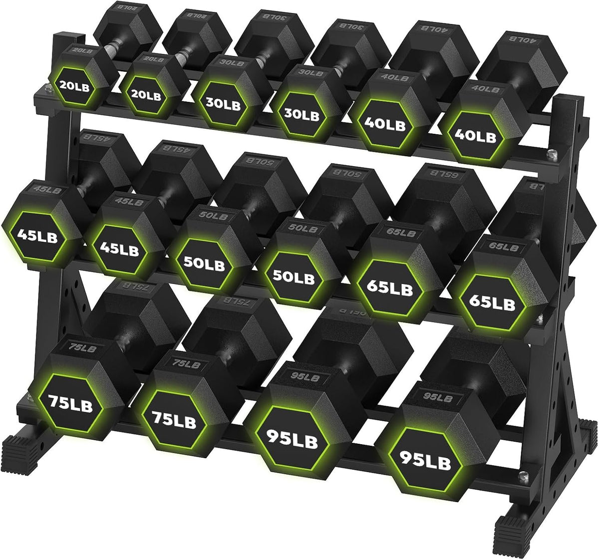 HANDBODE Rubber Coated Hex Dumbbell Set with Rack, 300-840 lb