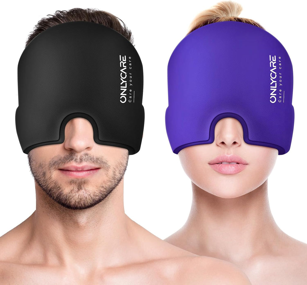 ONLYCARE 2 Pack Migraine Relief Cap, Headache Relief Cap with Odorless Gel | Cooling Hat Head Wrap Soothing Face Ice Pack Mask Products for Tension Stress Hangover & Puffy Eyes, Relaxing Gifts for Women