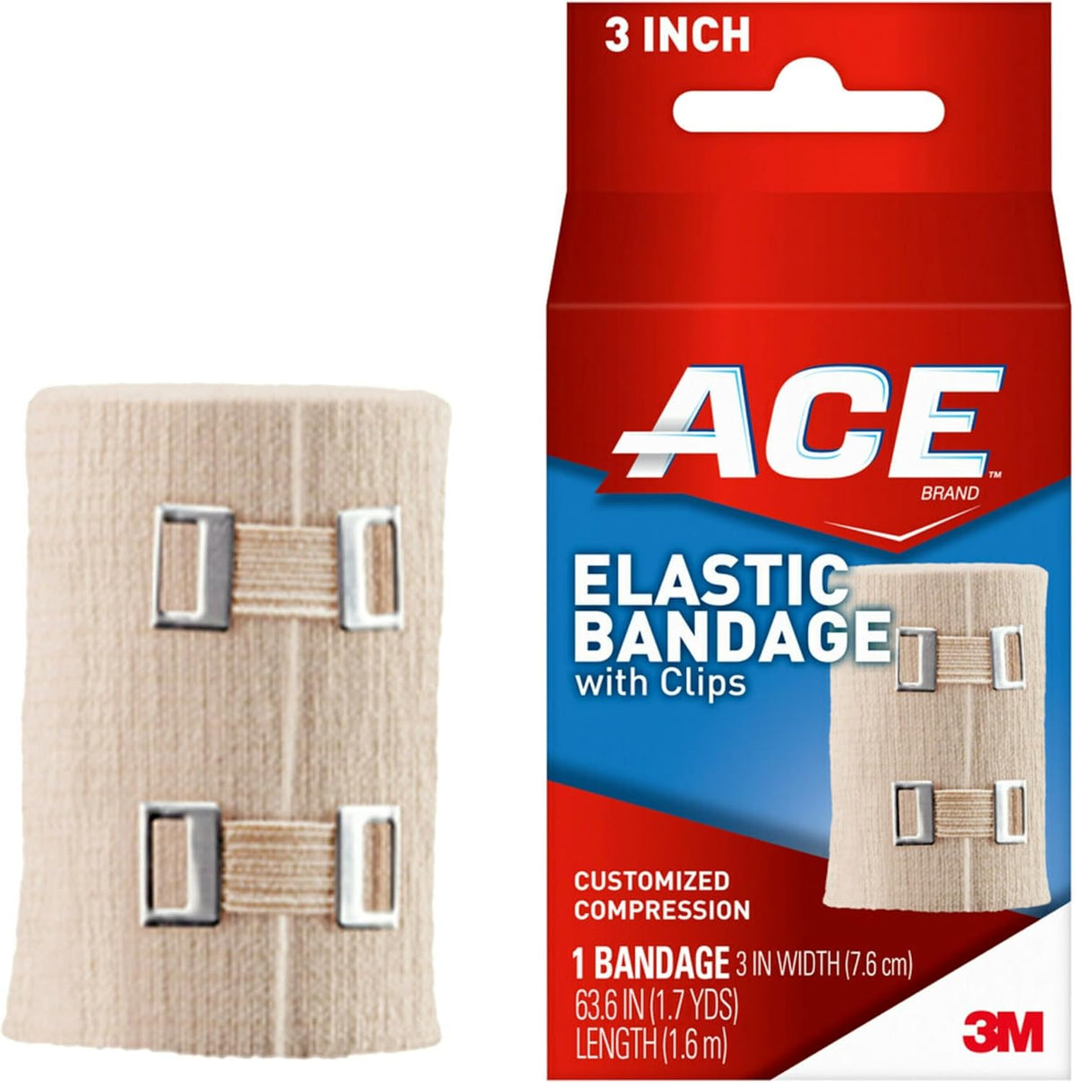 ACE 3 Inch Elastic Bandage with Clips, Beige, Great for Elbow, Ankle, Knee and More, Ideal for Sports, Comfortable design with soft feel, Wash and Reuse | Great for Elbow, Ankle, Knee, Ideal for Sports, Comfortable Design with Soft Feel, Wash and Reuse