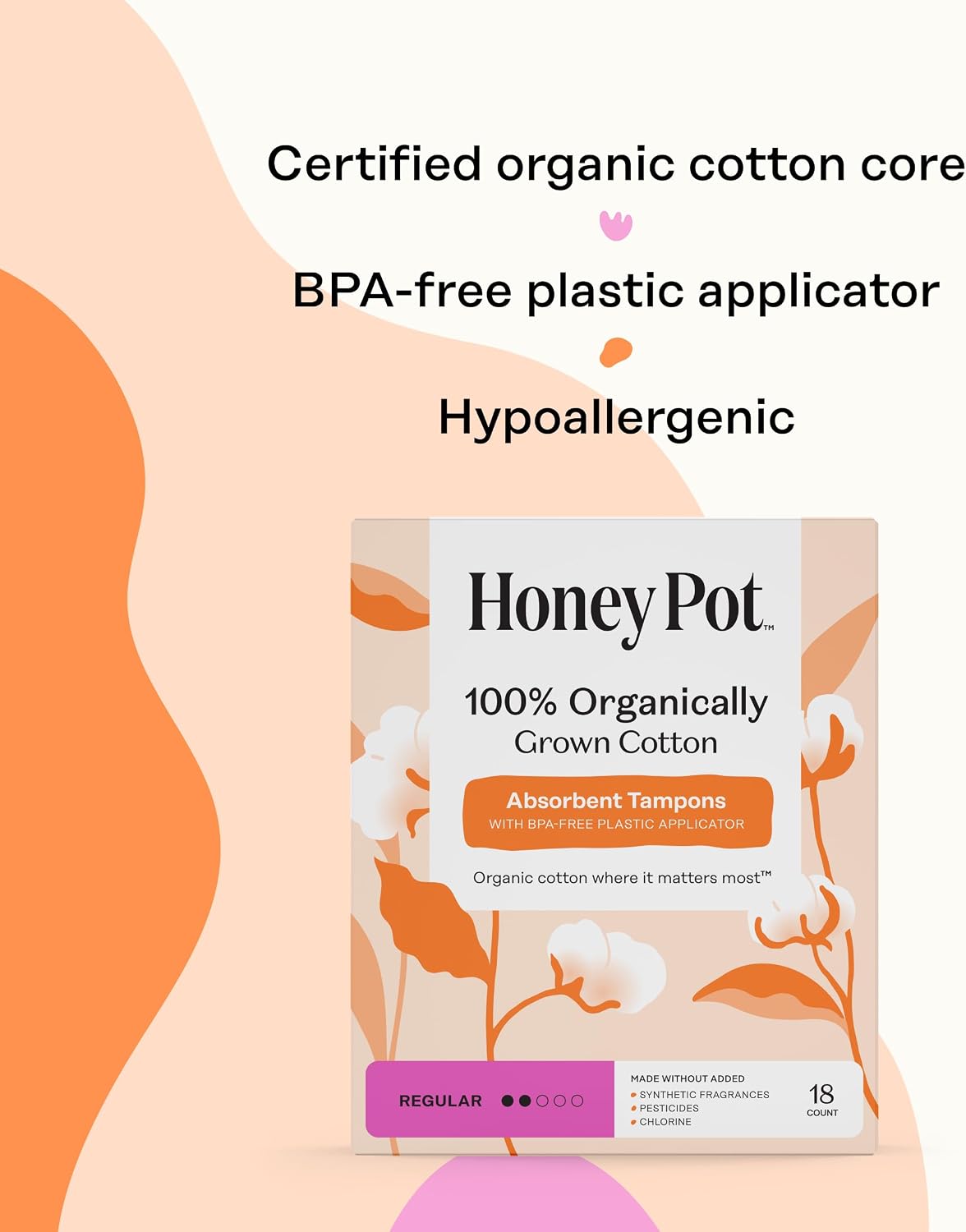 The Honey Pot Company - 100% Organic Cotton Tampons - Regular Absorbency | Multipack - Tampons w/BPA Free Plastic Applicator - Unscented - Without Fragrances or Chlorine - Feminine Care - 54ct