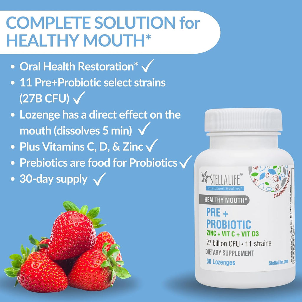 StellaLife Oral Prebiotic & Probiotic Lozenges for Teeth and Gums – 27B CFU, 11 Strains, Dental Probiotic for Bad Breath, Immune Support with VIT C, D3 & Zinc (Strawberry Flavor) 30 Day