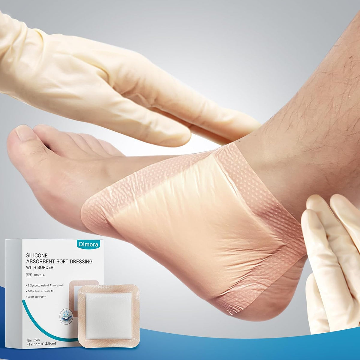 Dimora 20 Count Silicone Super Absorbent Wound Dressing - Gentle Border 5" x 5" Adhesive Bandages for Diabetic Foot Ulcers, Heavy Exudate Wound Care Pads with Ultrasorb Polymer